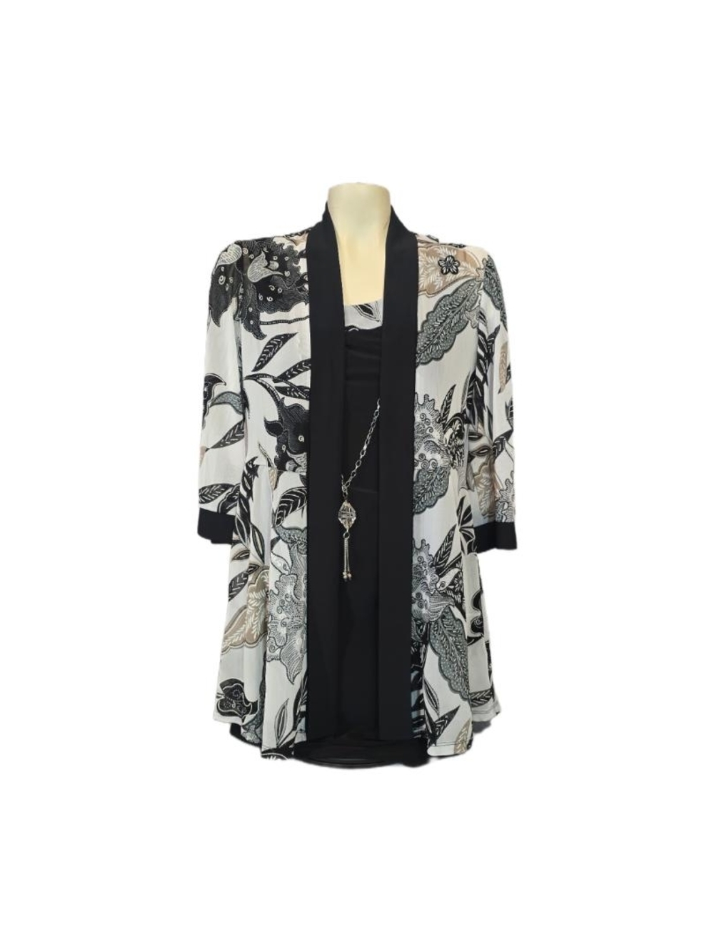R&M Richards Black & Cream Dress Floral Duster‎ Cardigan with Necklace Size 8